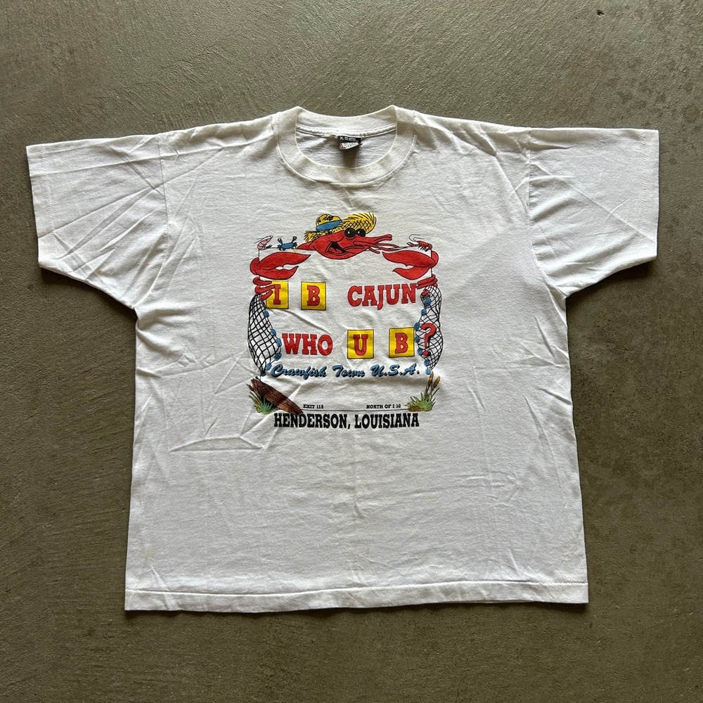 Vintage 80s Crawfish Town Shirt Size XL White Cajun Henderson Louisiana USA